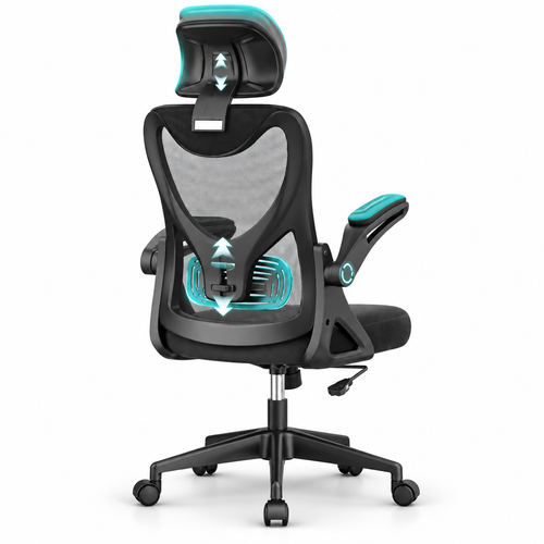Black BareTay high back office chair with padded headrest, lumbar support, mesh upholstery and flip-up armrests.