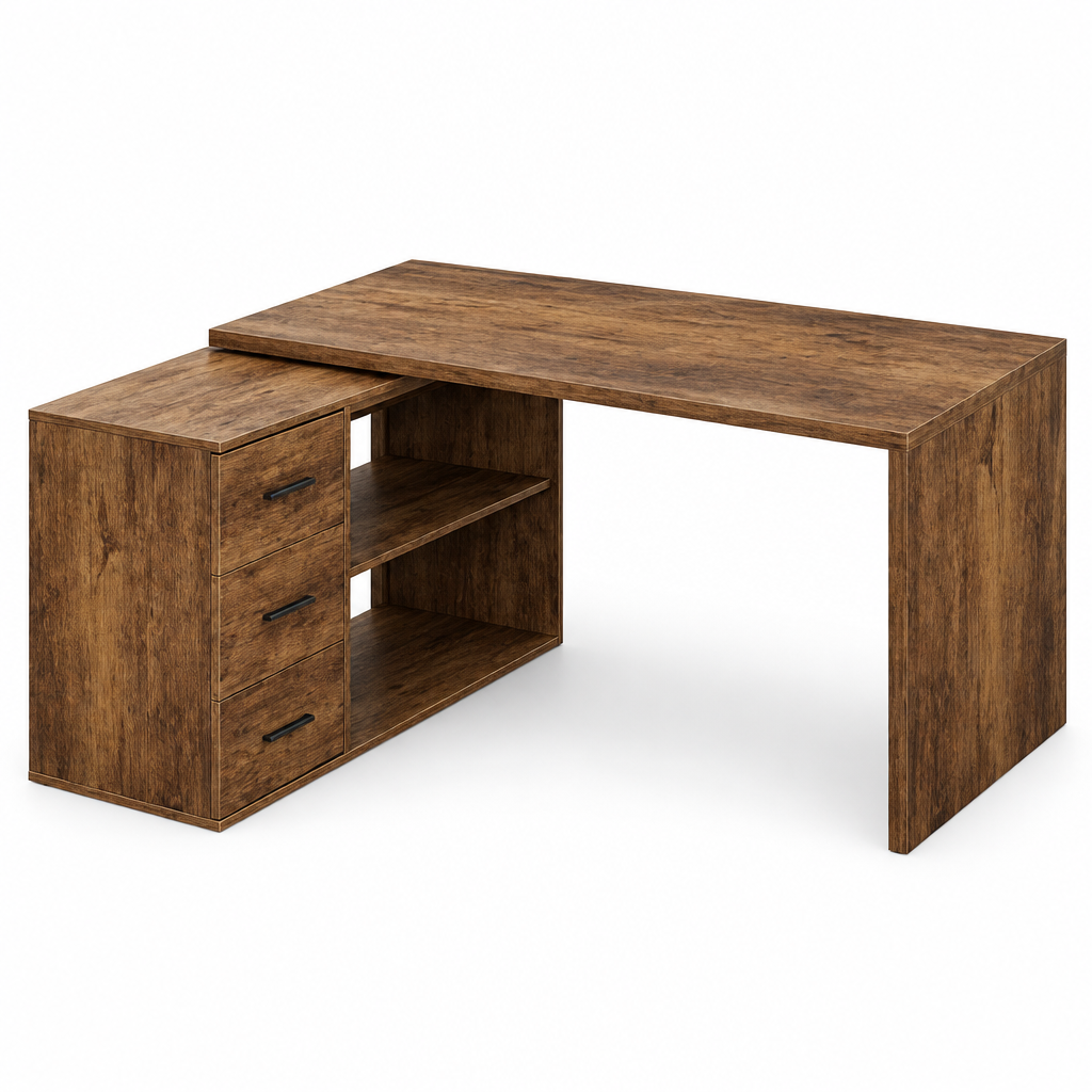 Rustic brown L-shaped computer desk with three drawers, two-tier open shelving and a wood grain finish.