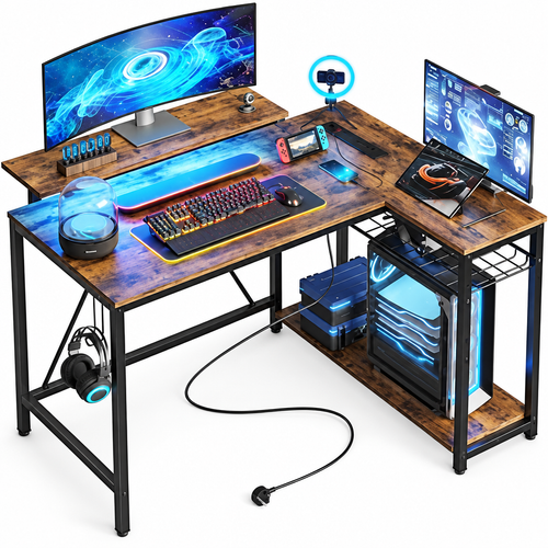 Bestier rustic brown L-shaped computer desk with a metal base, shelves, hooks and strip lighting.