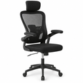Black mesh-back office chair with a padded seat, folding armrests and a star base with castors.