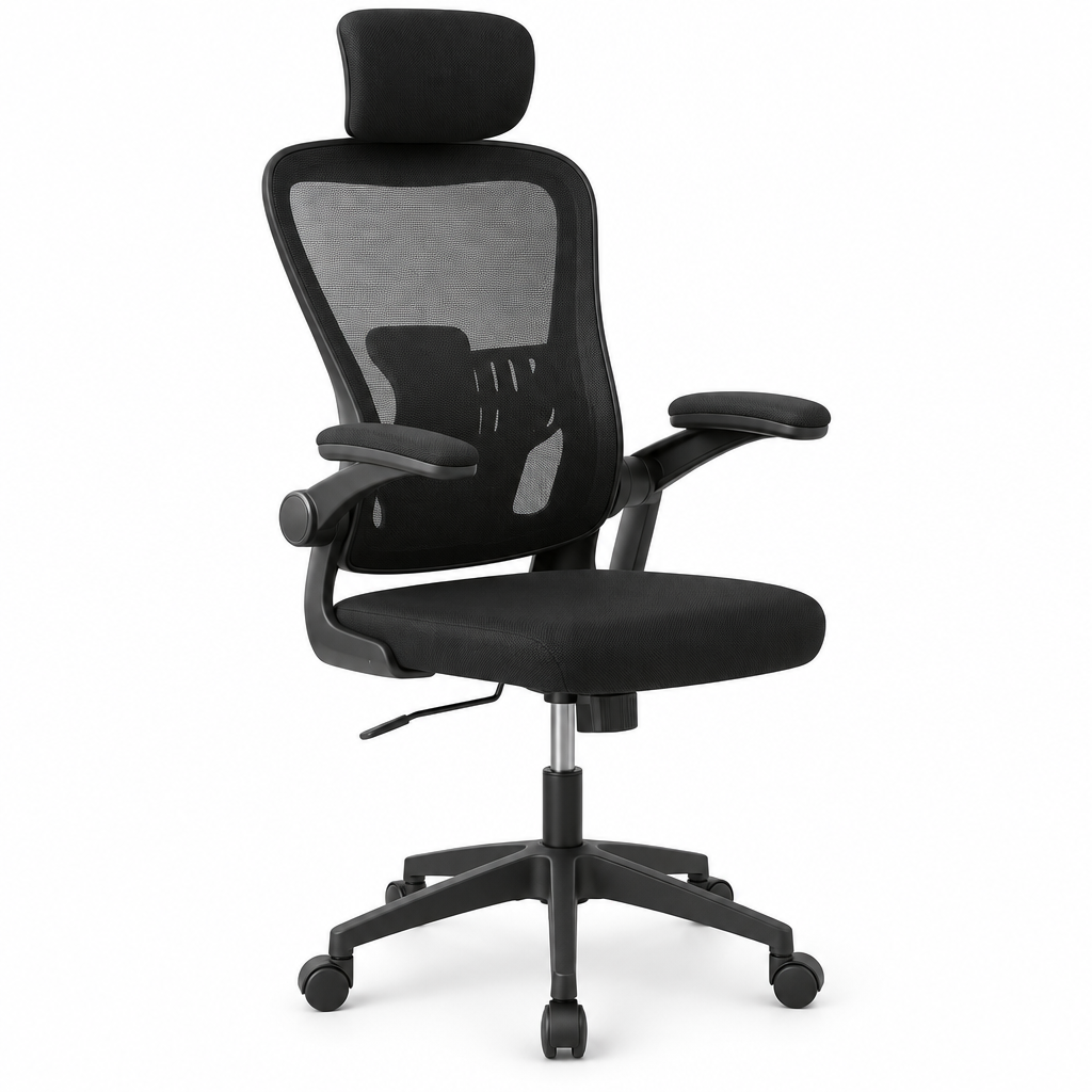 Black mesh-back office chair with a padded seat, folding armrests and a star base with castors.