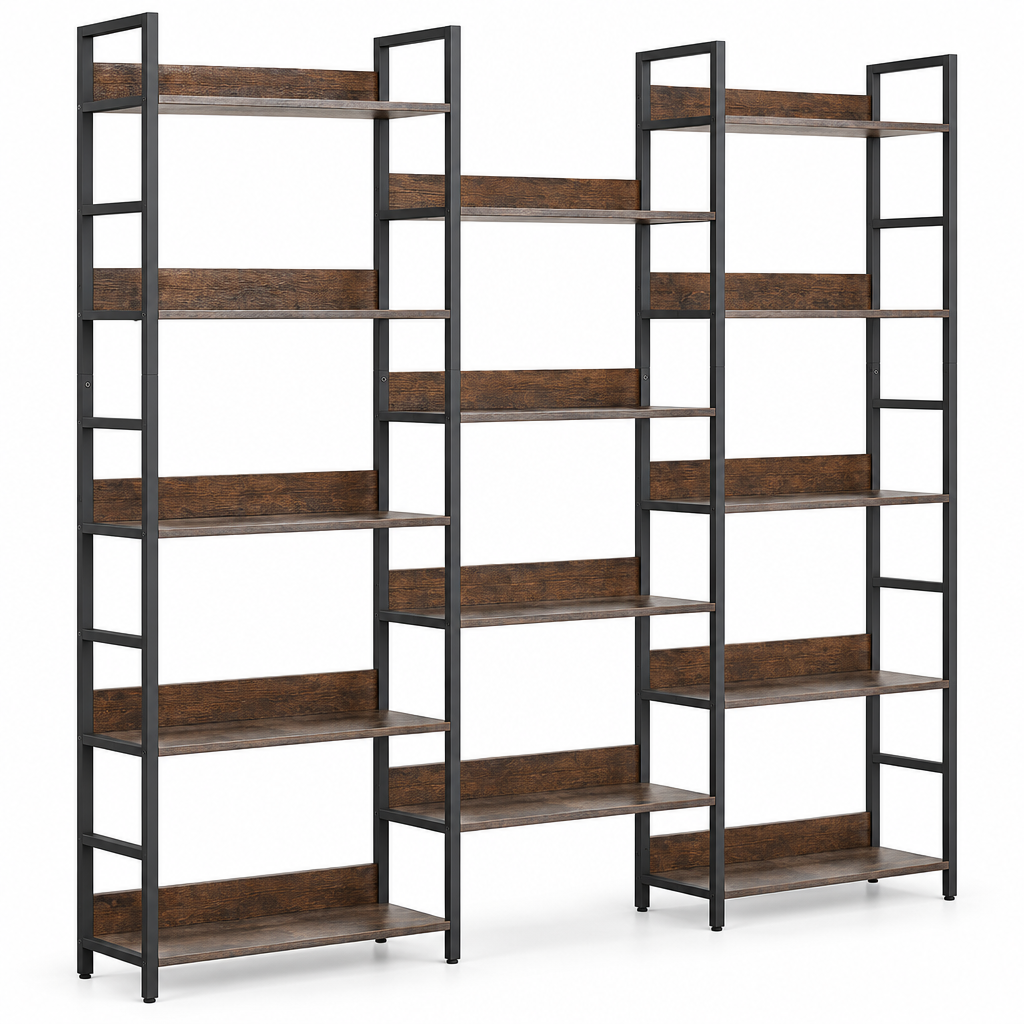 Triple-wide bookshelf with 14 staggered rustic brown shelves and a black metal frame.
