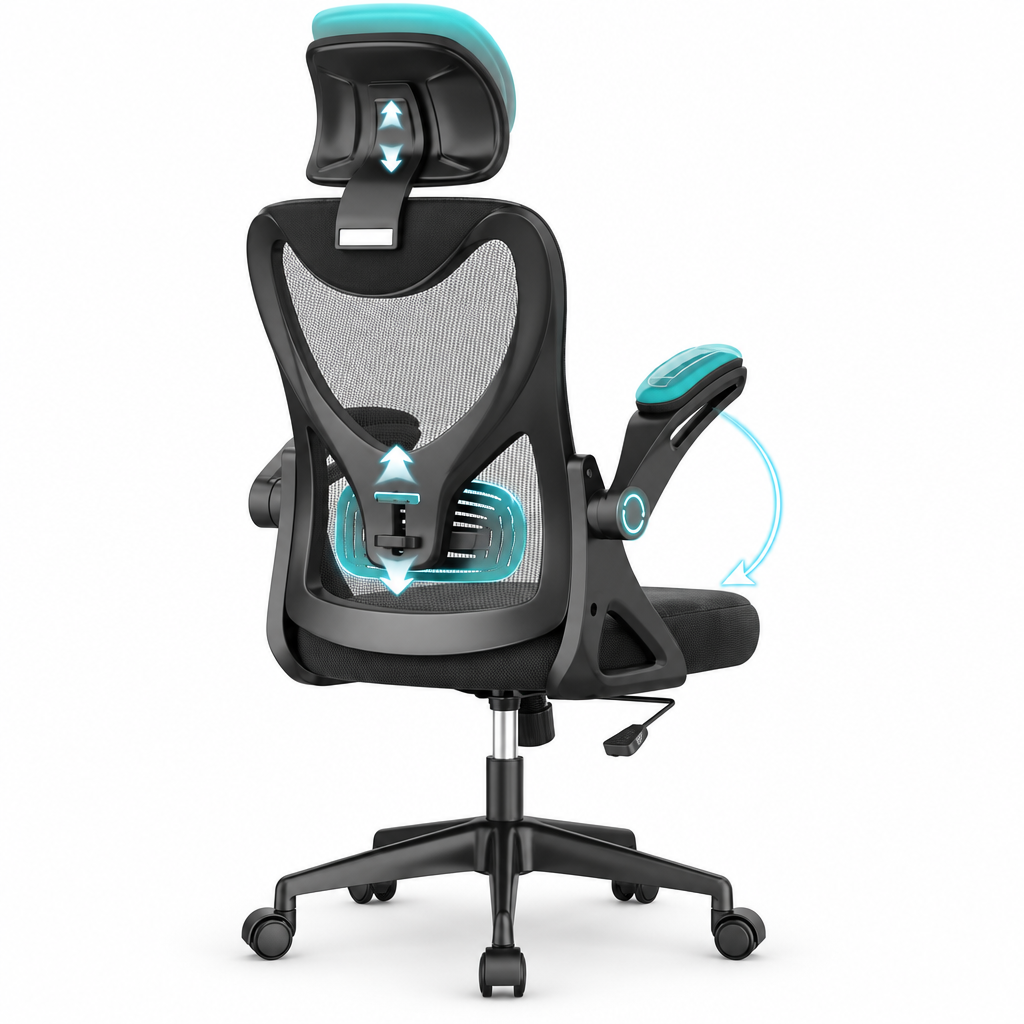 Black BareTay high back office chair with padded headrest, lumbar support, mesh upholstery and flip-up armrests.