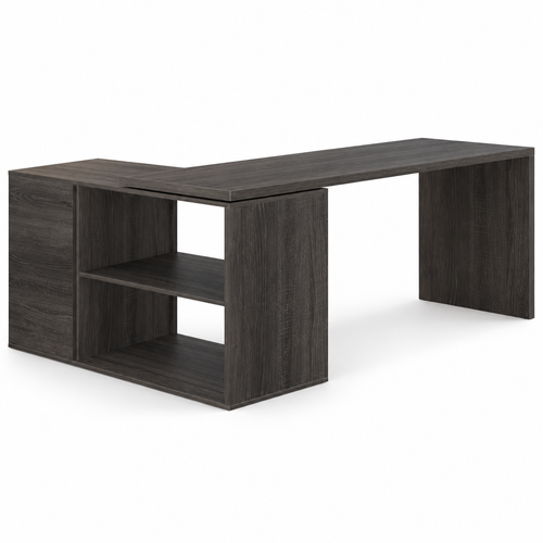Rustic brown L-shaped computer desk with three drawers, two-tier open shelving and a wood grain finish.