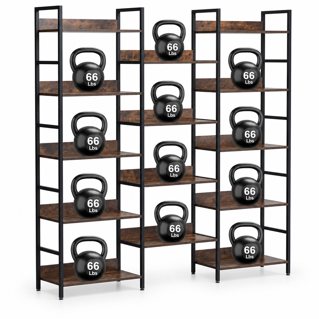 Triple-wide bookshelf with 14 staggered rustic brown shelves and a black metal frame.