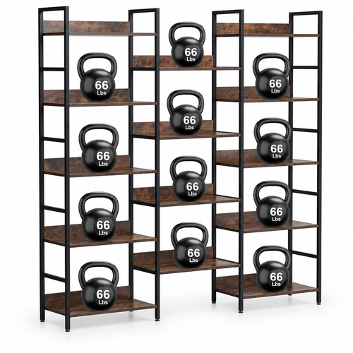 Triple-wide bookshelf with 14 staggered rustic brown shelves and a black metal frame.