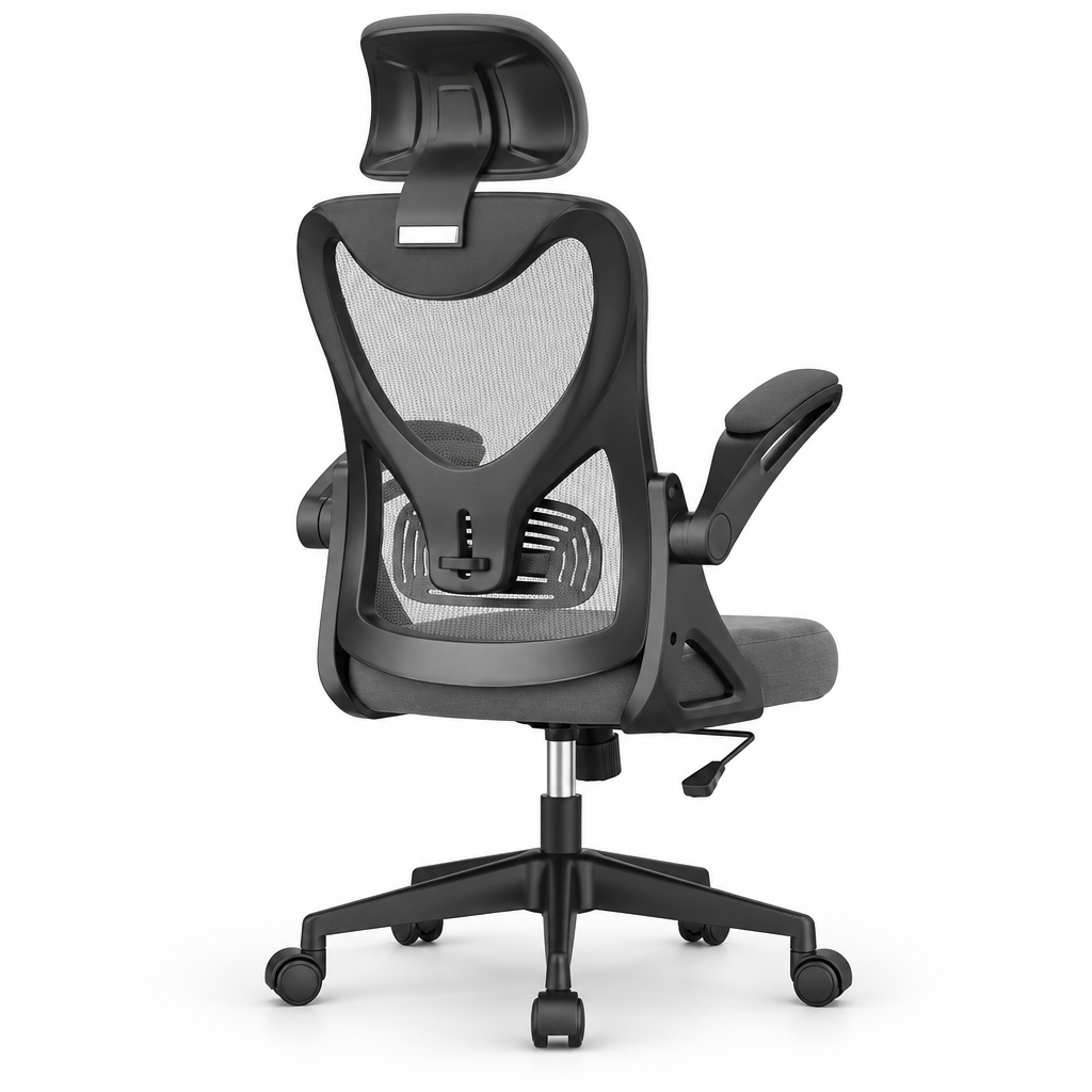 Black BareTay high back office chair with padded headrest, lumbar support, mesh upholstery and flip-up armrests.