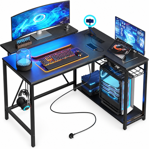 Bestier rustic brown L-shaped computer desk with a metal base, shelves, hooks and strip lighting.