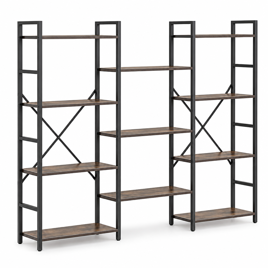 Triple-wide bookshelf with 14 staggered rustic brown shelves and a black metal frame.