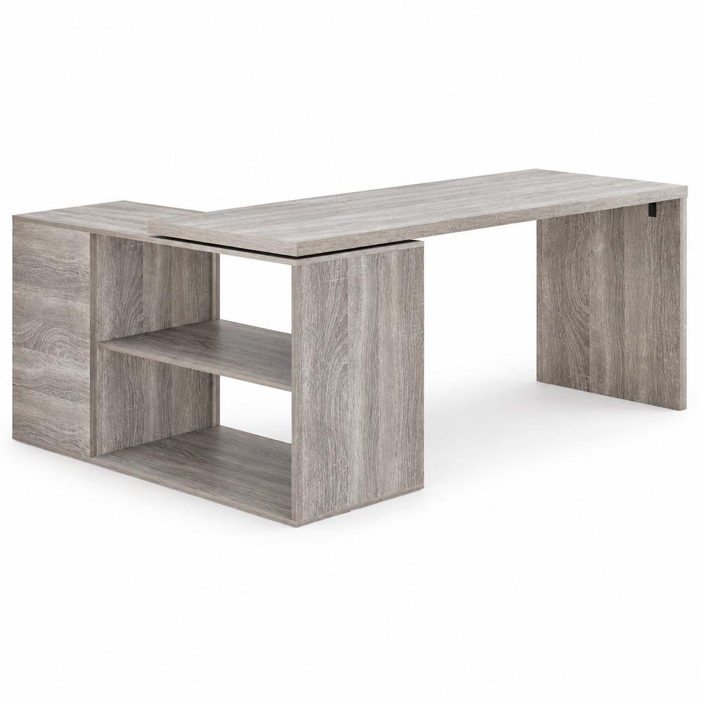 Rustic brown L-shaped computer desk with three drawers, two-tier open shelving and a wood grain finish.