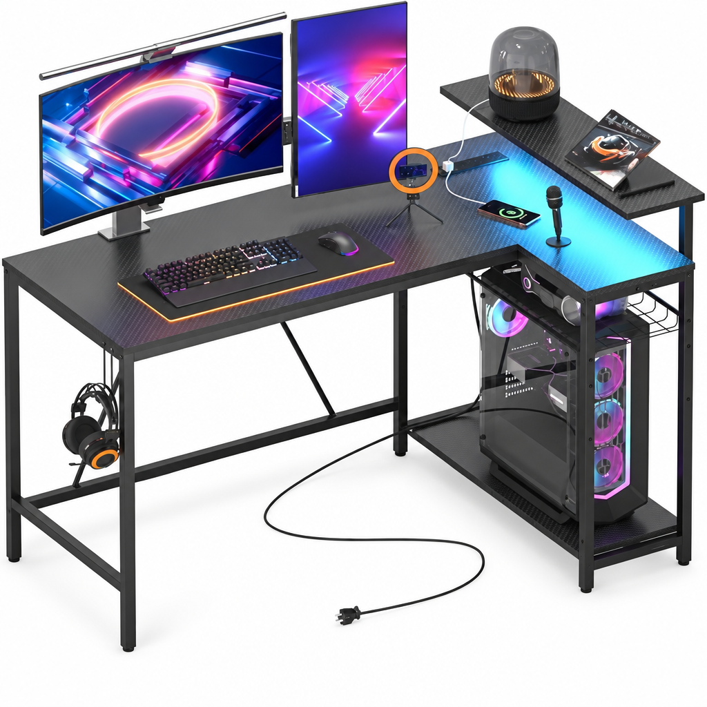 Bestier rustic brown L-shaped computer desk with a metal base, shelves, hooks and strip lighting.
