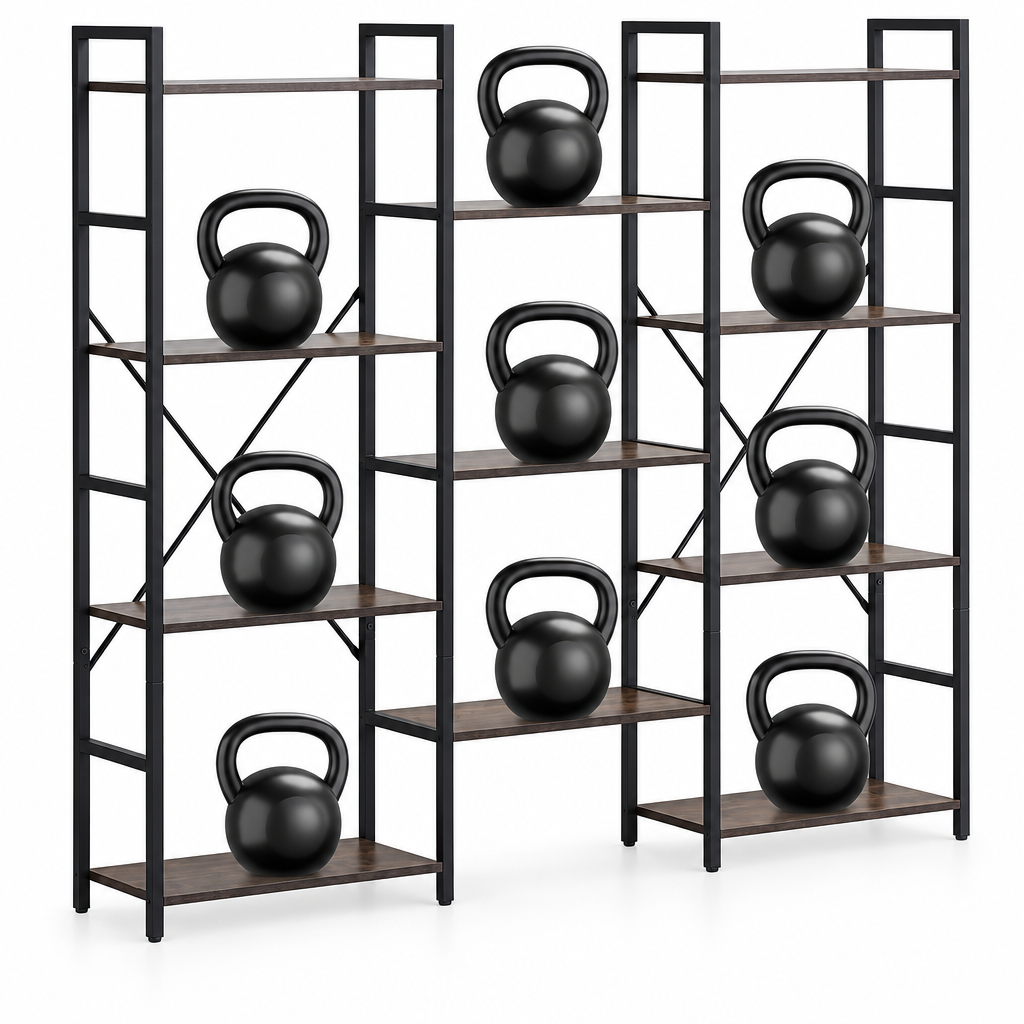 Triple-wide bookshelf with 14 staggered rustic brown shelves and a black metal frame.